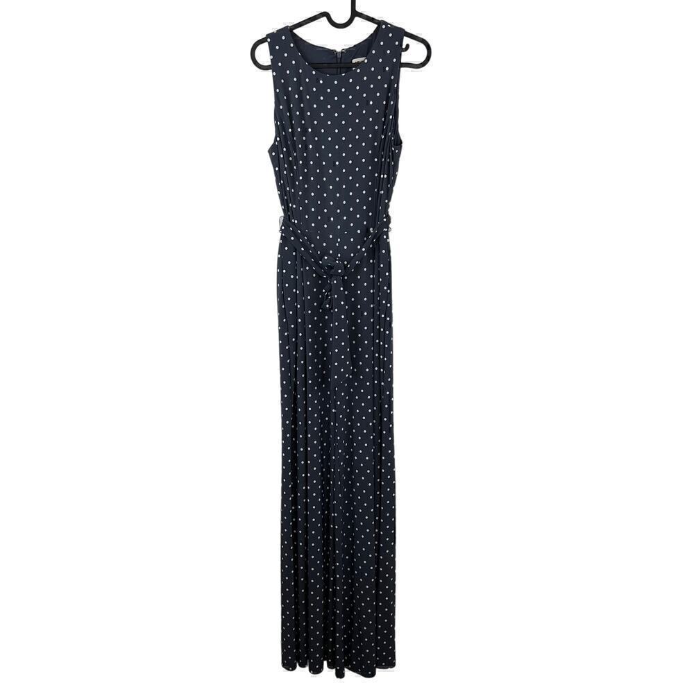 Anne Klein Grey White Polka Dot Tie Belt Wide Leg Jumpsuit Size 8